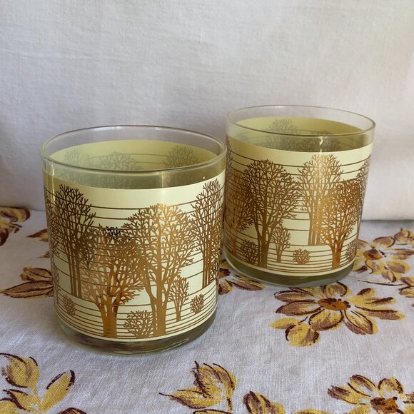 Vintage Beige and Gold Tree High Ball Glasses - Picture 1 of 5
